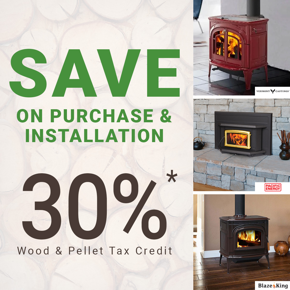 30% federal tax credit. save up to $2,000 annually on purchase and installation of select wood or pellet stoves and fireplaces